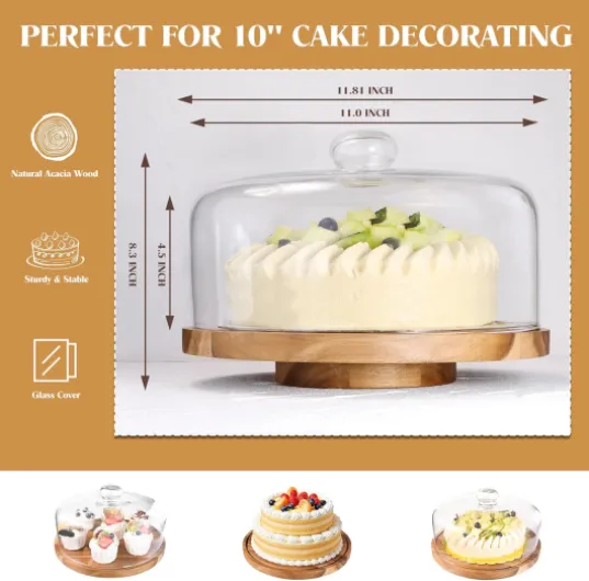 Présentoir à gâteau rotatif en verre avec couvercle – Plateau à gâteau en bois d'acacia de 30,5 cm avec dôme – Comprend 2 planches à gâteau supplémentaires – Support à gâteau pour mariage Marron