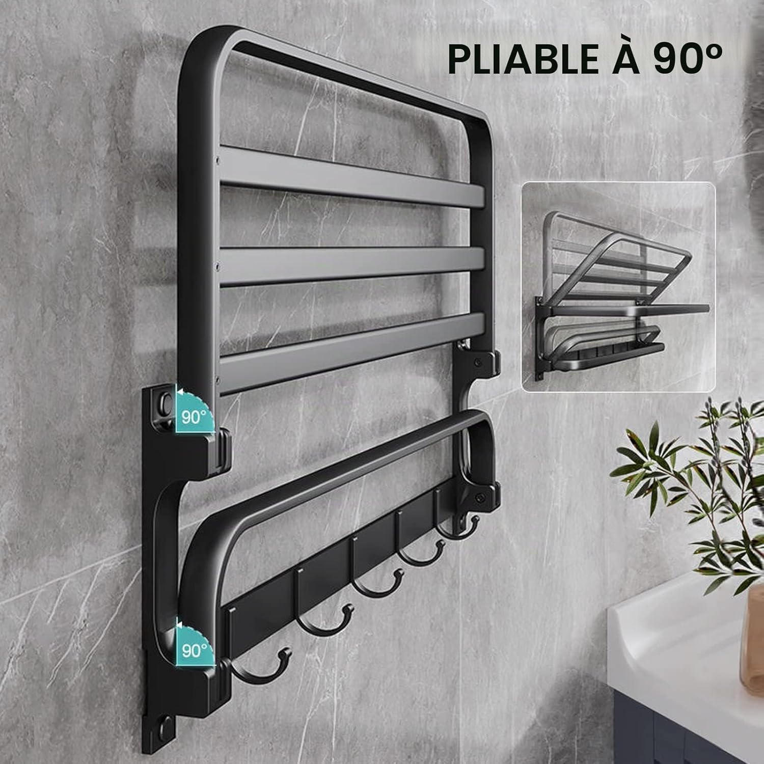 Porte-Serviettes sans perçage - Noir - Porte Serviettes de Salle de Bain - Montage Mural - avec 5 Crochets pour Serviettes de Bain, 58cm