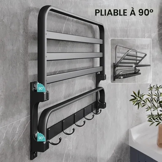 Porte-Serviettes sans perçage - Noir - Porte Serviettes de Salle de Bain - Montage Mural - avec 5 Crochets pour Serviettes de Bain, 58cm