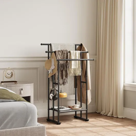 ELYKEN Porte-Serviettes sur Pied 3 Niveaux, Hauteurs 80, 90 ou 100cm, Largeur 67cm, Structure en Métal avec Étagère, Pieds Ajustables pour la Stabilité, Idéal pour Salle de Bain, Piscine, Noir