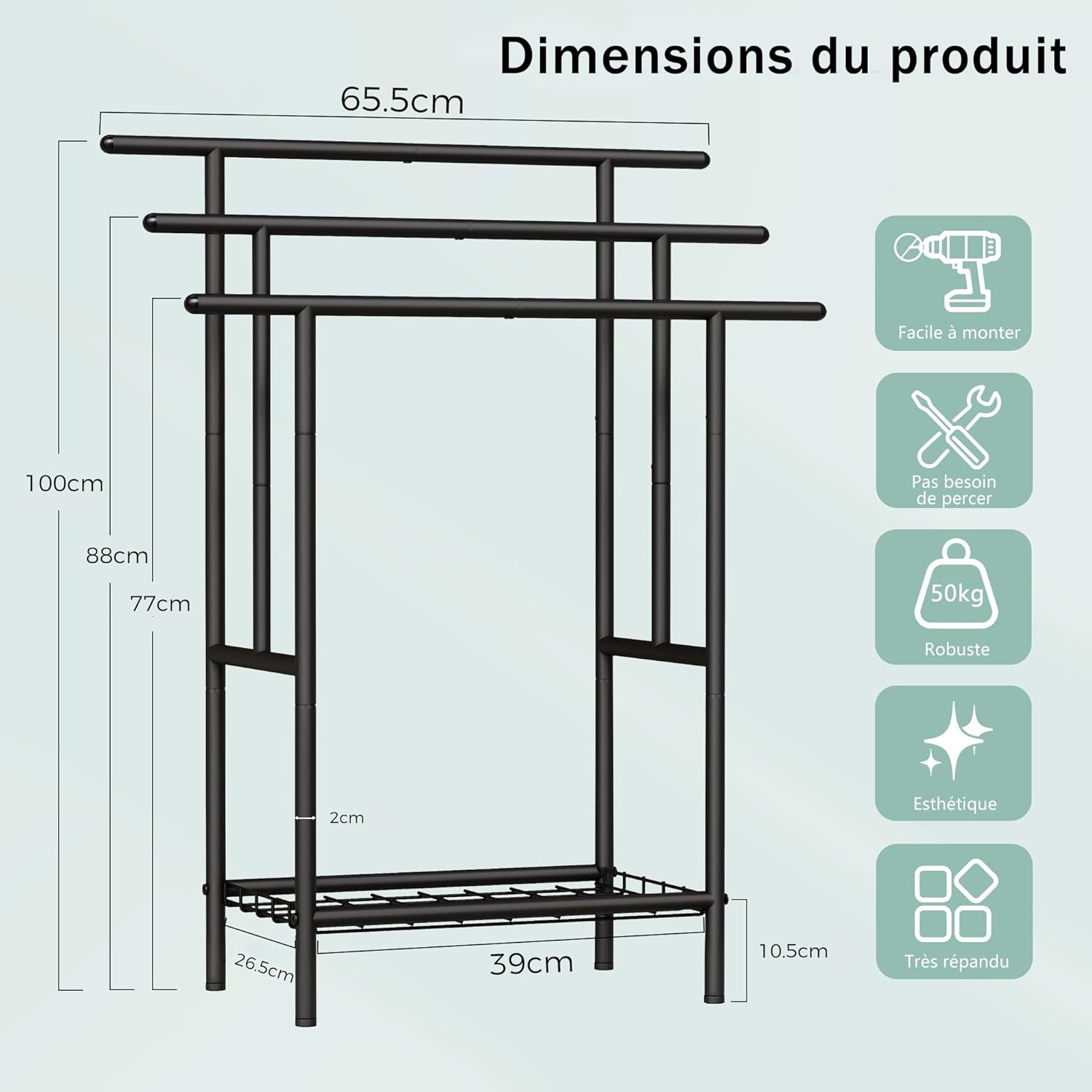 BEWISHOME Porte Serviette Salle de Bain,Porte-Serviettes sur Pied,avec 3 Barres et Étagère,Porte-Serviettes Moderne,pour Serviettes de Bain, Serviettes,Couvertures,100×60.5×30.5 cm,Noir,EJMJ02B