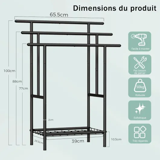 BEWISHOME Porte Serviette Salle de Bain,Porte-Serviettes sur Pied,avec 3 Barres et Étagère,Porte-Serviettes Moderne,pour Serviettes de Bain, Serviettes,Couvertures,100×60.5×30.5 cm,Noir,EJMJ02B
