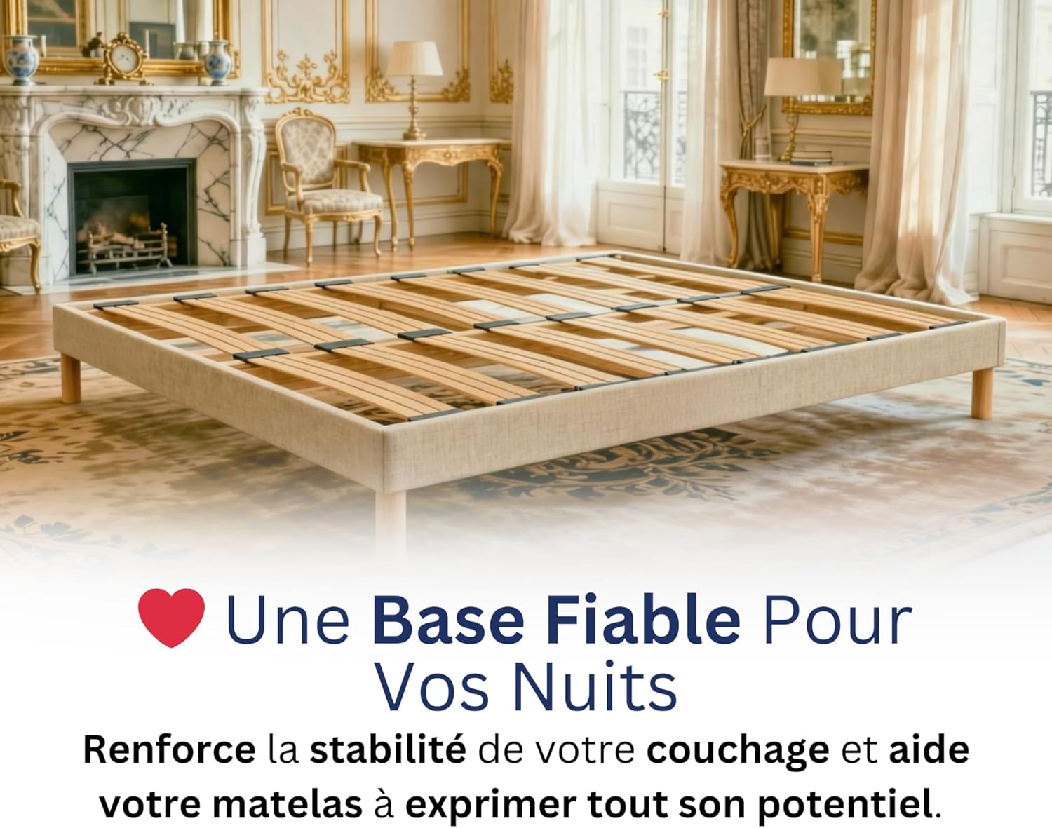 Sommier 160x200 Beige, Hauteur 30 cm, à Lattes Actives en Bois, Cadre Tapissé, Structure et Pieds Solide en Bois Massifs, Stable et Silencieux, Lit 2 Places pour Chambre Adulte Beige 160x200 cm
