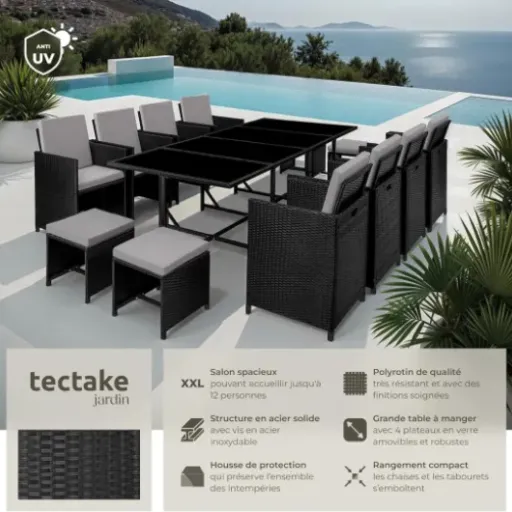 Test tectake Salon de Jardin Résine Tressée : gros ensemble pour grandes tablées, mais prévoyez du temps de montage