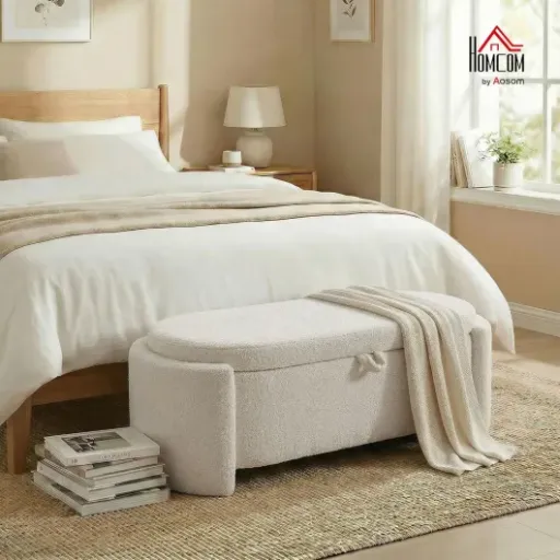 Test HOMCOM Banc de Rangement Ovale Teddy : le bout de lit qui cache bien son coffre