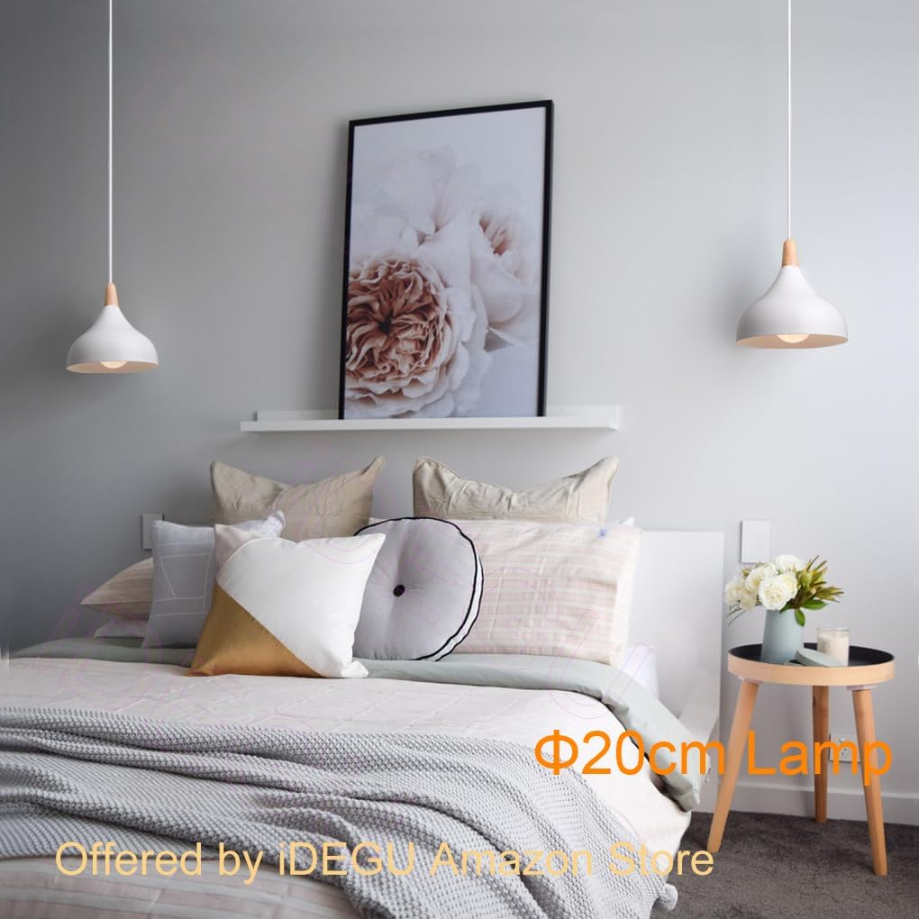 IDEGU 20CM Lustre Suspension Rétro Suspension Luminaire Moderne Style Goutte Chapeau Plafonnier E27 Métal Bois Lampe Suspension pour Chambre Salle à Manger Cuisine Salon (Blanc 1 Pack) Blanc, 1 Pièce