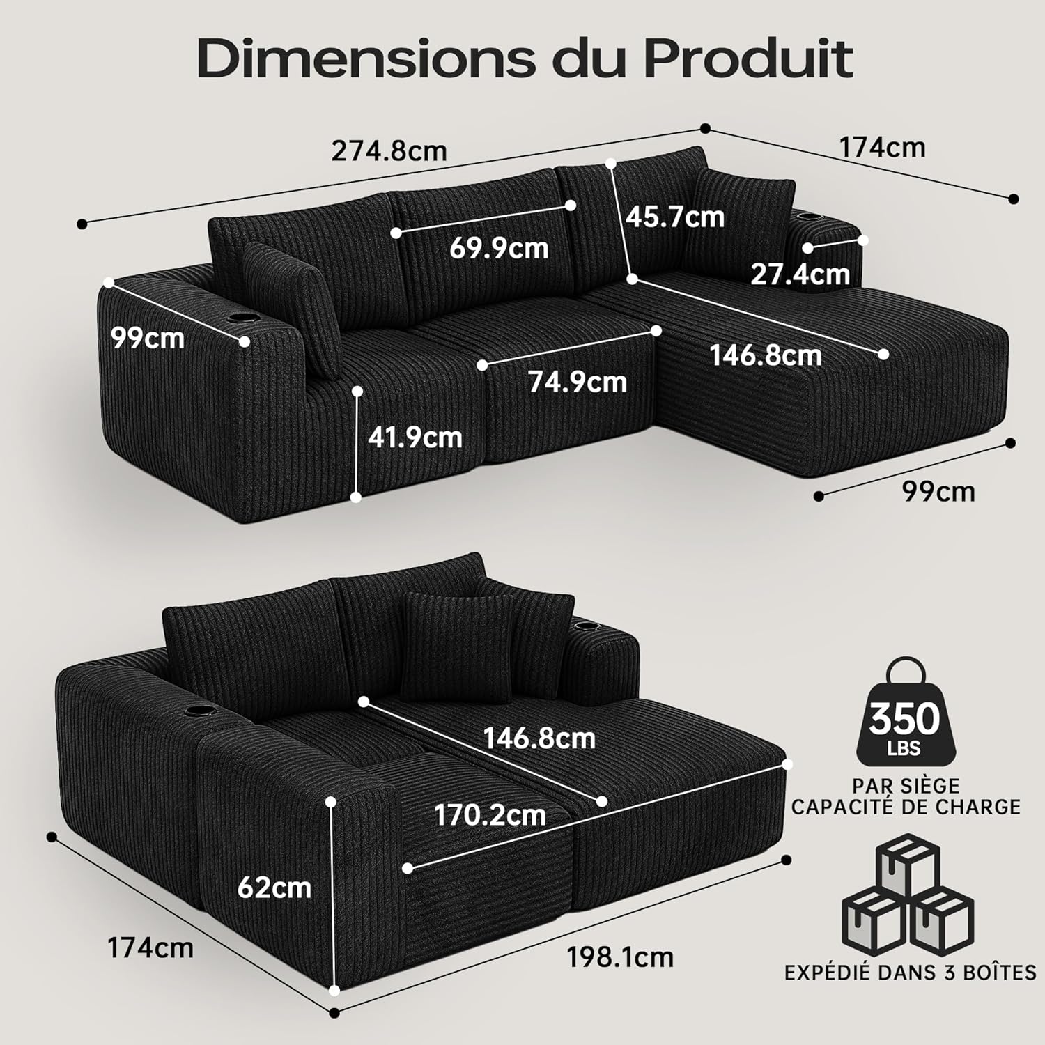 DURASPACE Canapé Sectionnel Modulaire, Divan Désossé avec Siège Profond, Porte-gobelet, Mousse à Mémoire de Forme, Canapé en Forme de L en Velours Côtelé pour Le Salon (Chaise Face à Droite)