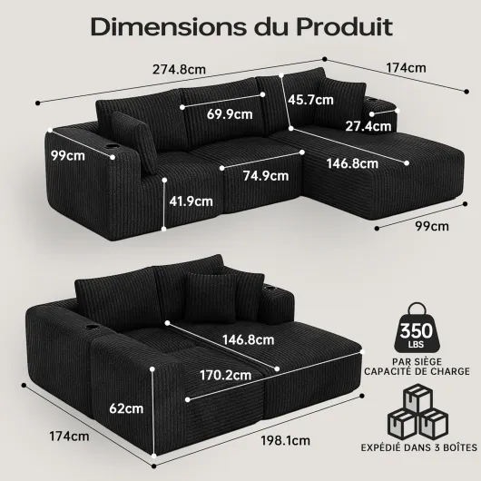 DURASPACE Canapé Sectionnel Modulaire, Divan Désossé avec Siège Profond, Porte-gobelet, Mousse à Mémoire de Forme, Canapé en Forme de L en Velours Côtelé pour Le Salon (Chaise Face à Droite)