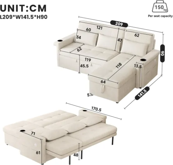 Canapé Convertible 3 Places en L avec LED et USB et Dossier Réglable, Canapé d'angle Convertible avec Rangement et Porte-Gobelet, Canapé Lit avec Coussins Multifonctionnel au Salon Appt, Beige