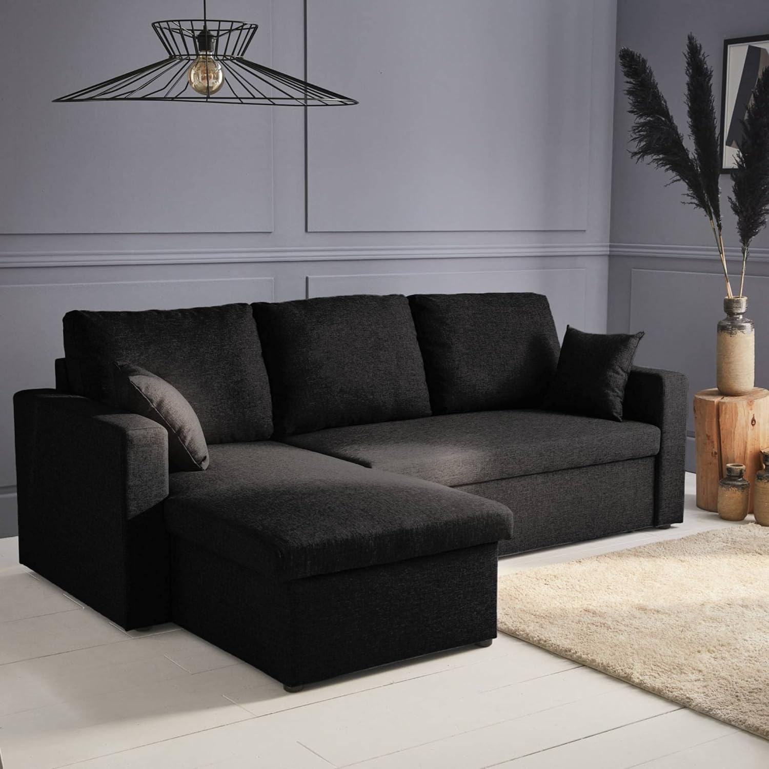 Sweeek - Canapé d'angle Convertible en Tissu Noir - IDA - 3 Places - Fauteuil d'angle réversible Coffre Rangement lit modulable