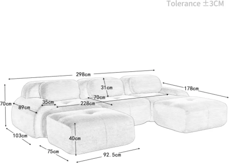 Canapé d'angle Modulaire Désossé, Velours côtelé Canapé 3 Places et 2 Pouf, Configuration Libre, Canapés en U de Salon, sans Montage (Beige, 3 Sièges + 2 Pouf) Beige 3 Sièges + 2 Pouf
