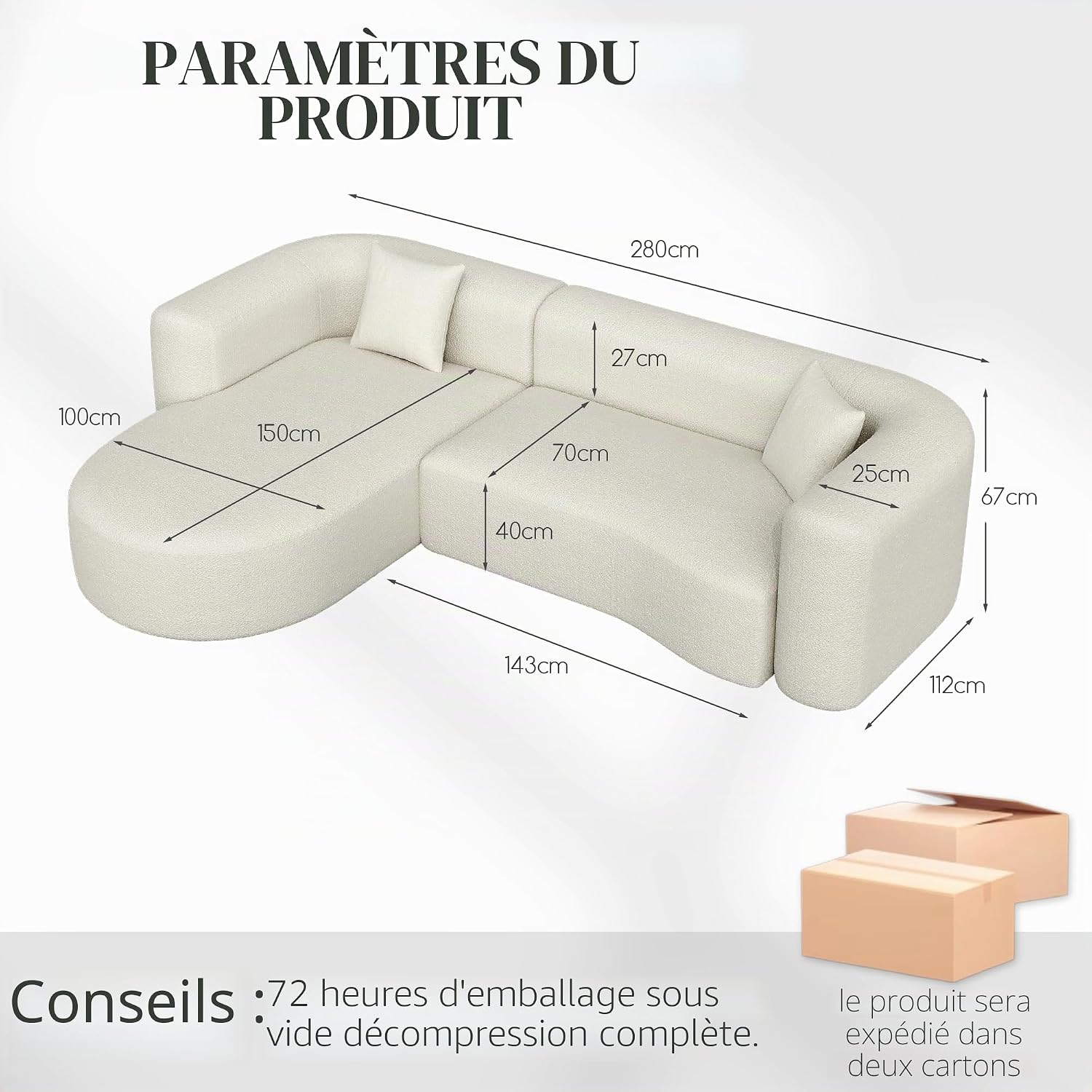 AVAWING Canapé d'angle, 280 cm, avec Installation en Mousse Pure, canapé d'angle 3 Places, canapé en Forme de L, pour Le Salon (Beige)