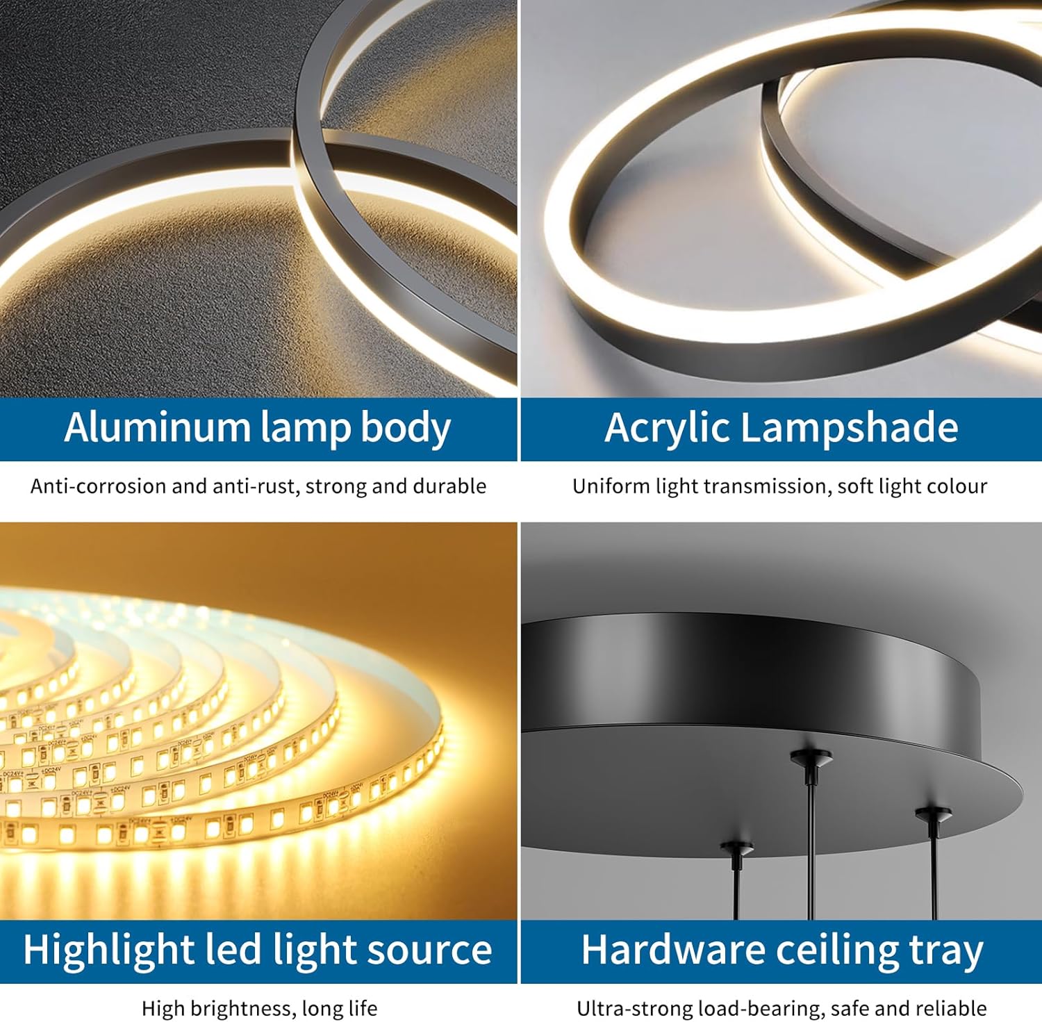 Mikeru 3 Anneaux Lampe Pendante Ronde, Suspension 20+40+60cm Lampe Pendante Télécommandée De 10% à 100% 3000k/4500k/6500k Plafonniers Modernes à Intensité Variable Pour Salon, Librairie 20+40+60cm Ronde-d-noir