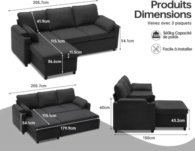 DURASPACE Canapé d'angle Convertible, Canapé Lit 3 Places en L avec Chaise Réversible, Canapé avec Rangement, Port USB et Porte-gobelet Gris FORME EN L